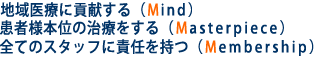 地域医療に貢献する(Mind),患者様本意の治療をする(Masterpiece),全てのスタッフに責任を持つ(Membership) 理念(Mind Masterpiece Membership)